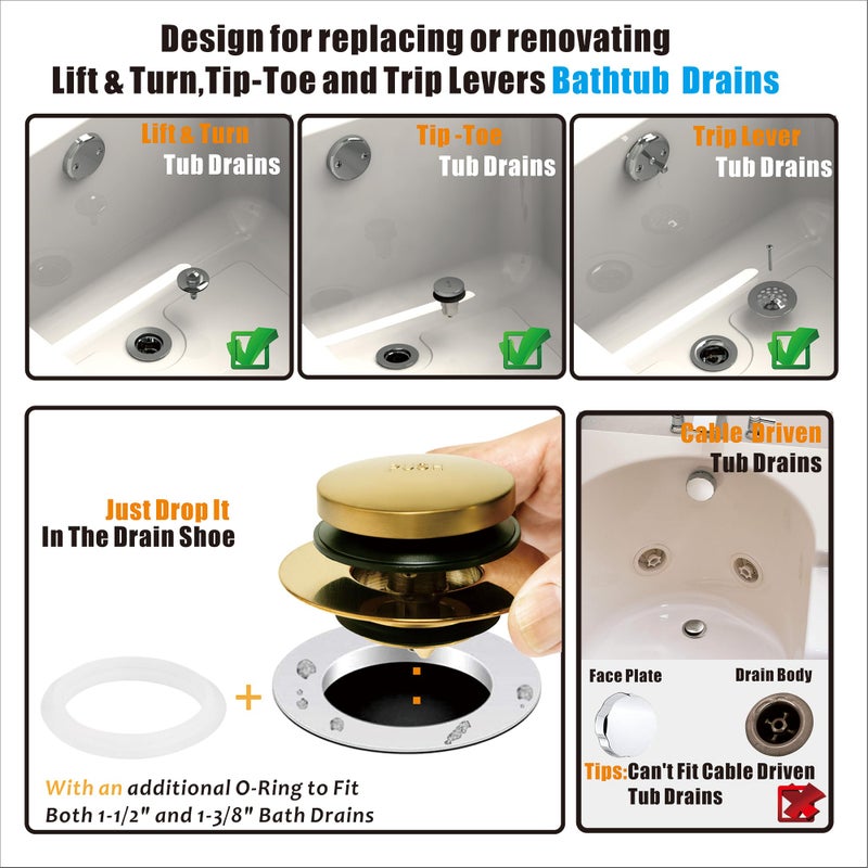 Artiwell Universal Tip Toe Bath Drain Stopper and Cover, Bathtub Drain Stopper, Replaces Lift and Turn, Tip-Toe and Trip Lever drains for Tub, EZ Installation and Clearing (Brushed Gold) - Image 2